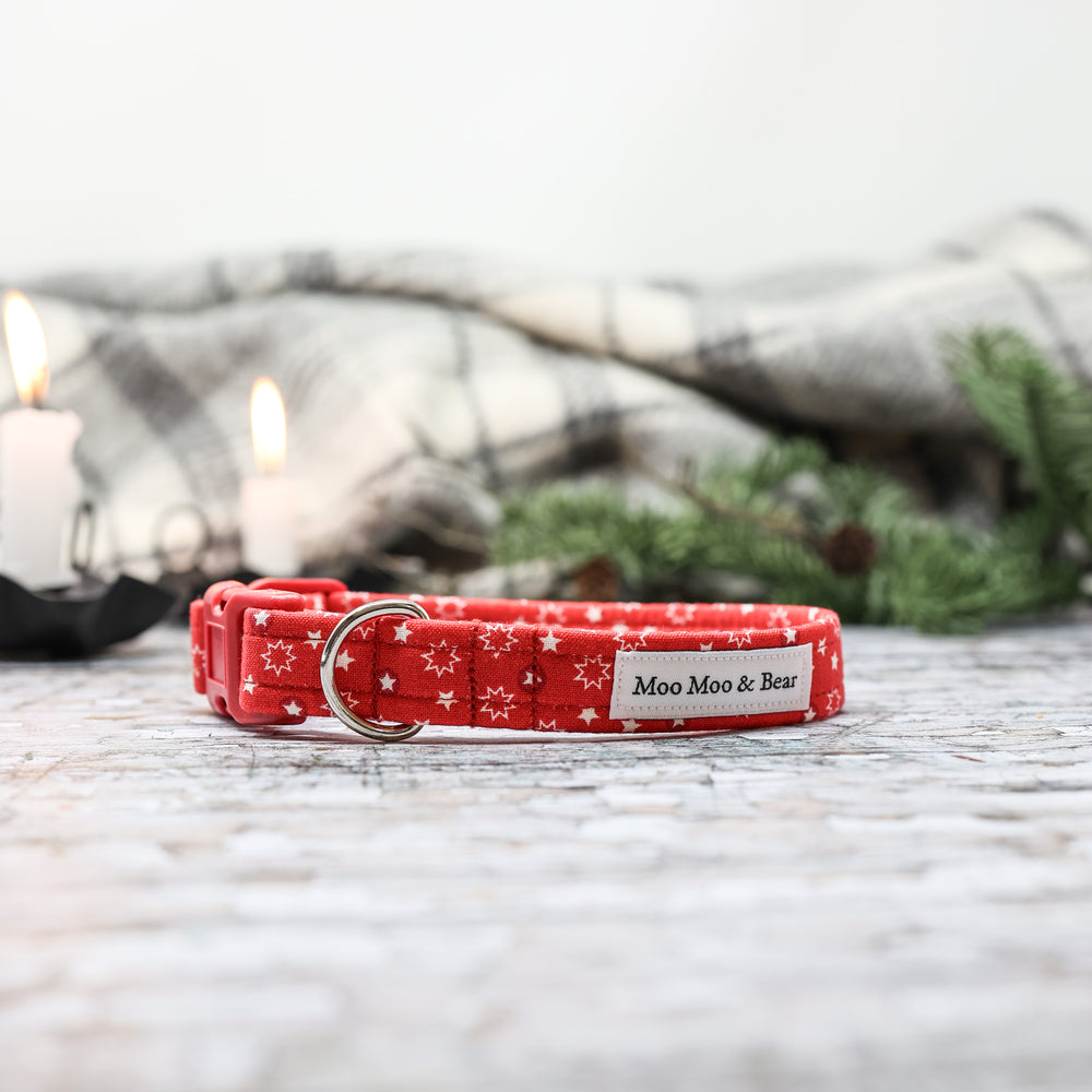 'STARRY NIGHT' DOG COLLAR AND OPTIONAL LEAD IN RED  Moo