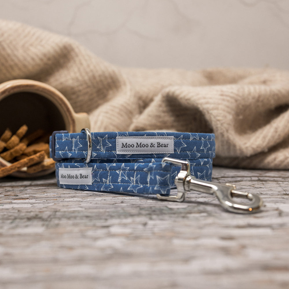 'BOBBY DAZZLER' BLUE STAR PRINT DOG COLLAR & LEAD