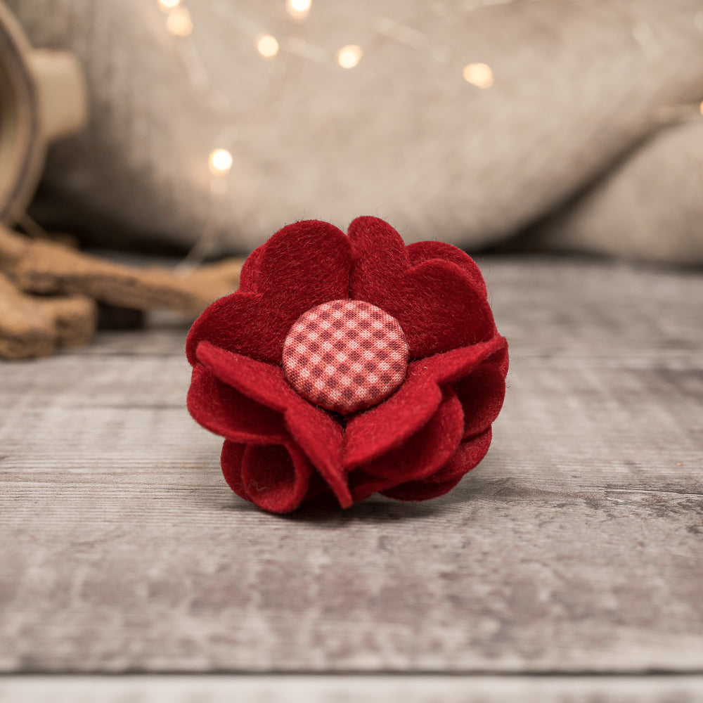 'PETITE GINGHAM APPLE RED' DOG COLLAR FELT FLOWER