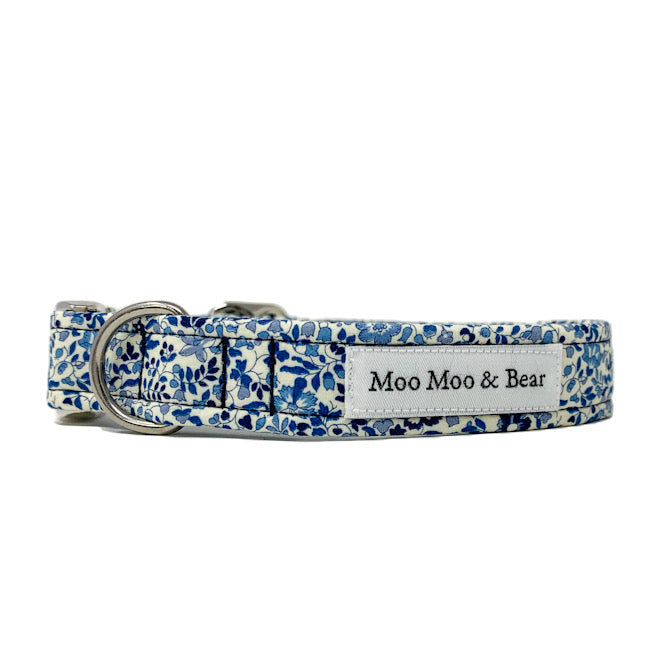 LIBERTY OF LONDON KATIE AND MILLIE BLUE TONE DOG COLLAR AND OPTIONAL LEAD