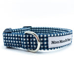 'GINGHAM' DOG COLLAR AND OPTIONAL LEAD IN NAVY BLUE