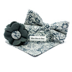 grey scandi cotton dog collar, bandana, bow tie and felt flower