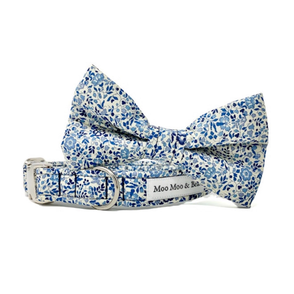 LIBERTY OF LONDON KATIE AND MILLIE BLUE TONE DOG COLLAR AND OPTIONAL LEAD
